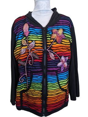 Vintage Rainbow Cotton Knit Jacket Embroidered Zipper Front Lightweight XXL